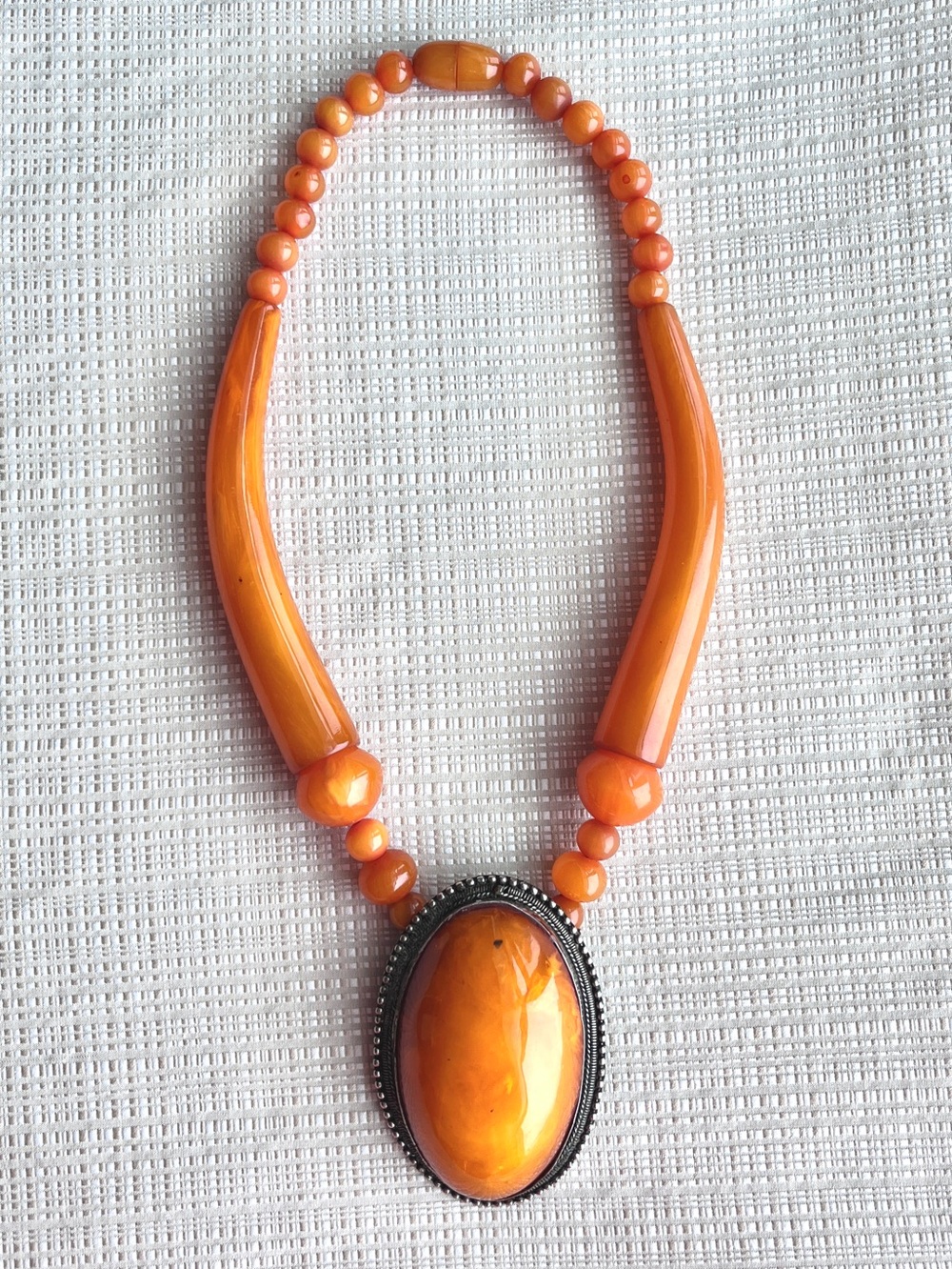 Vintage Amber-Color Resin Pendant Necklace Statement Chunky Himalayan Tibetan